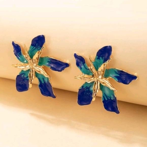 Gold Flower statement Flower Earrings Blue teal Boho Big Floral Stud 💖2/$30 - Picture 5 of 10